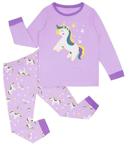 Hoseay Pigiama Ragazze, Cotone Unicorno Manica Lunga Bambine Maglietta e Pantaloni Pigiamas, Morbido 2 Pezzi Abbigliamento da Notte, Carino Autunno Vestiti per Ragazza 4-5 Anni, Viola
