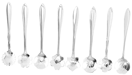 SOLUSTRE 8 St Delars Rostfritt Blomformade Skedar Unika Designade Blommor Rostfria Polerade för Glass Iskaffe Lemonad Hållbara Rostfria Silverfinish