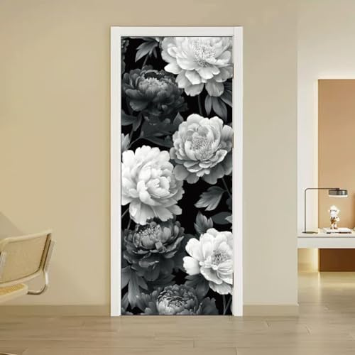 arricraft 2 Blatt Selbstklebender Türaufkleber 80cm X 200cm /31.5x78.7 Zoll Schwarz Weiße Pfingstrose Türaufkleber Abnehmbare PVC Tapete Dekoration Für Zuhause Schlafzimmer Wohnzimmer