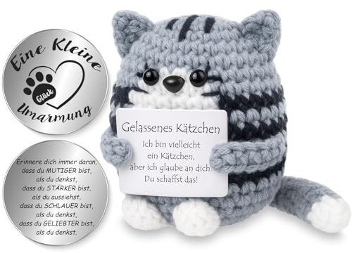 Tixlux Pocket Hug Positive Katze, Kreative Strickwolle Katzen Figur und Kleine Umarmung Glücksbringer, Geschenke zur Einschulung, Ermutigungs Geschenk, Gute Besserung, Einschulung Geschenk
