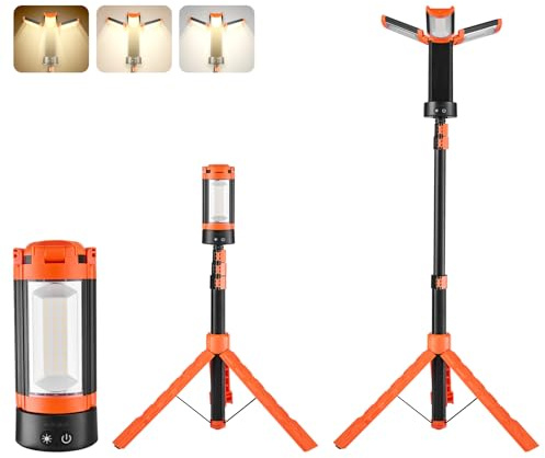 VEVOR Projecteur LED sur trépied amovible, 2200 LM, lampe de travail LED rechargeable sans fil pour camping, 6 Ah, avec trois têtes, intensité variable 3000 K-6500 K, éclairage de chantier portable