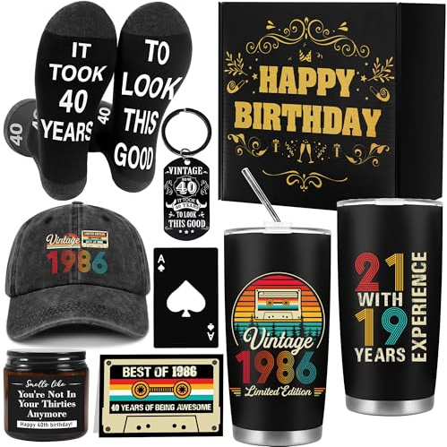 GalaVee 40th Birthday Gifts for Men | 1986 Birthday Gift Box 20oz Tumbler, Socks, Keychain, Card, Baseball Cap, Scented Candle, Bottle Opener - Gift Husband, Dad