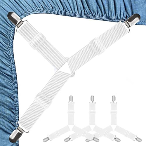 4 Stück Bettlakenspanner,Verstellbare Bettbefestigungen,Verstellbare Bettbefestigungen,reieckige Bettlaken Spanner mit Metallclips, Weiß Bettlakenspanner,Matratzenspanner für Bettlaken, Matratze
