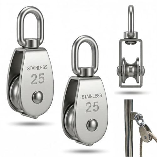 2 Stück M25 Einzel Umlenkrollen für Seile, Draht Umlenkrolle Klein mit Kugellager, Seilrolle Umlenkrolle Edelstahl 304 360° Drehung, Sichere Tragfähigkeit Bis 140 Kg für Sonnensegel Fitness Seilwinde