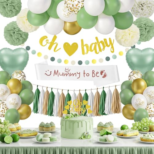 AOOHA Sage Green Baby Shower Decorations,Confetti Latex Foil Balloons | Olive Green Gold White Sand with Banner Cake Topper Pom Poms Tassel Garland,for Gender Reveal Party Decoration
