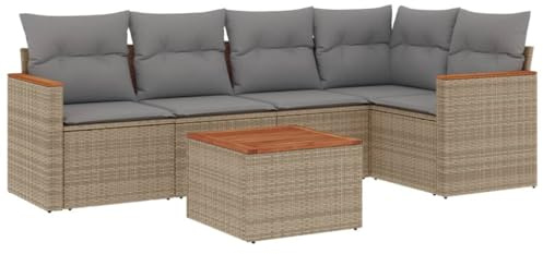 GeenYuu 6-TLG. Garten-Sofagarnitur mit Kissen beige Poly Rattan und Akazienholz, wetterfestes Lounge-Set mit Stauraum, modulare Sitzgruppe für Balkon Terrasse und Garten