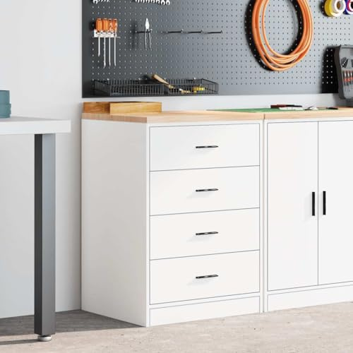 Ziaphsol Armoire de rangement pour garage, blanc, 60 x 51 x 85 cm, pin massif, 4 tiroirs, armoire de rangement pour outils, bureau et salle de rangement, charge jusqu'à 60 kg