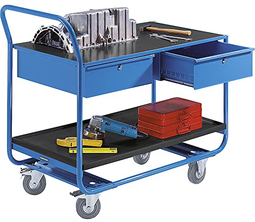 eurokraft | Industrie-Tischwagen | 2 Etagen | 2 Schubladen | Vollgummireifen spurlos
