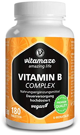 Vitamin B Komplex hochdosiert & vegan, 180 Tabletten für 6 Monate, B1, B2, B3, B5, B6, B7, B9, B12 Vitamine in einer Tablette, Natürliche Nahrungsergänzung ohne Zusatzstoffe, Made in Germany