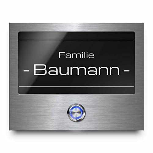 Türklingel mit Gravur LED-Klingelknopf und über 99 Motive 15x12 cm | Modell: Baumann-Aa | gravierte Klingel aus Hochglanz Acrylglas und Edelstahl Klingelschild