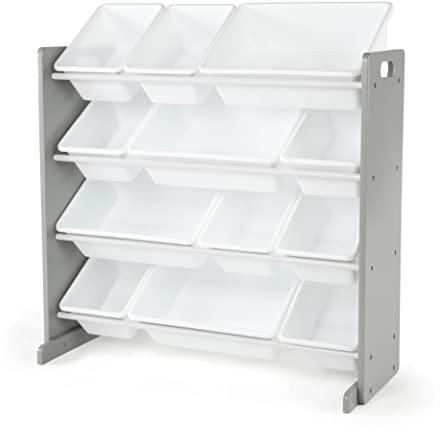 Humble Crew Wooden Toy Storage Organiser for Children & Toddlers, with 12 BPA Free Plastic Removeable Storage Bins, Ideal for Storing Toys, Games, Books and Craft Supplies - Grey/White