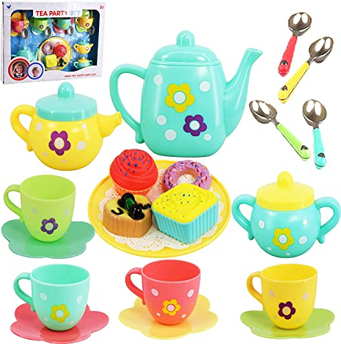 The Magic Toy Shop 20 Piece Kids Tea Set for Girls & Boys - Role Play Toy, Includes Play Food, Bright & Colourful, Plastic - Tea Parties, Social Learning, Birthday