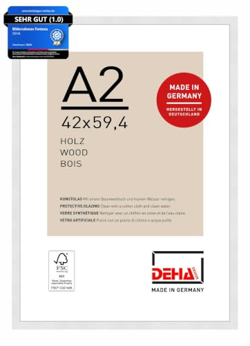 DEHA Design Holz Bilderrahmen Fontana, 42 x 59,4 cm (A2), Weiß | Holz Posterrahmen im Hoch- & Querformat zum Aufhängen Weiß matt bruchsicheres Kunstglas