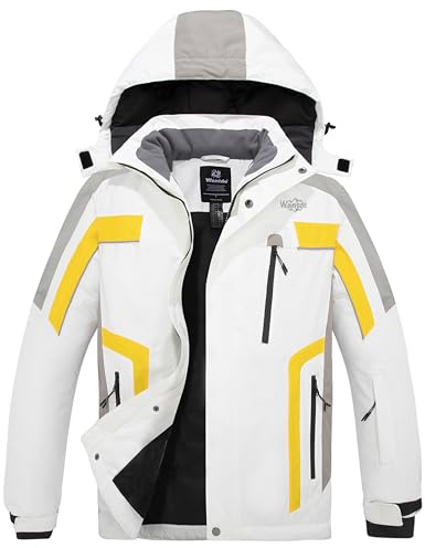 Wantdo Giacca da Sci Impermeabile Sport Outdoor Parka da Snowboard Antivento Cappotto da Neve con Cappuccio Giubbotto da Escursionismo Uomo Bianco e Giallo L
