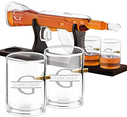 Maverton Decanter per whisky in vetro a forma di fucile | Incisione personalizzata, Caraffa in vetro da 800 ml + 4 bicchieri whisky da 300 ml, Set bicchieri, idea regalo uomo, motivo