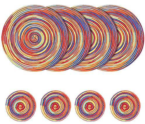 Set di 4 Tovagliette Rotonde Intrecciate in Cotone da 38 cm e Sottobicchiere da 11 cm - Lavabili e Resistenti al Calore per Cucina e Tavolo da Pranzo (Rosso)