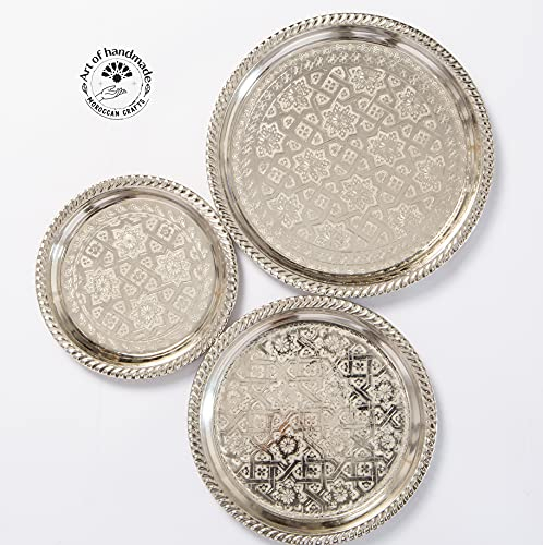 Vassoio da tè marocchino per servire cocktail, in argento, fatto a mano, misura piccola o grande, rotonda, 23 cm, 33 cm