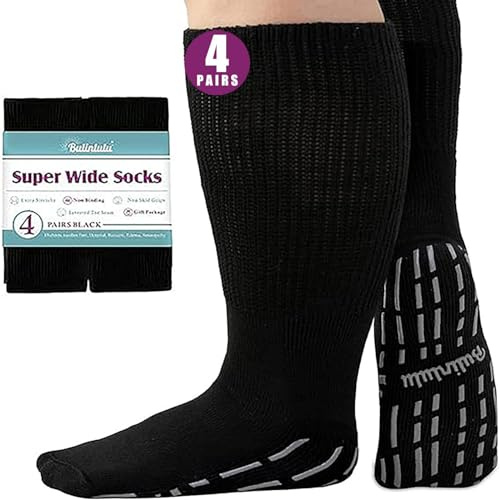 Bulinlulu Extra Width Socks for Swollen Feet-4 Pairs Hospital Grip Bariatric Lymphedema Diabetic Socks for Women Men 13-15-4 Black