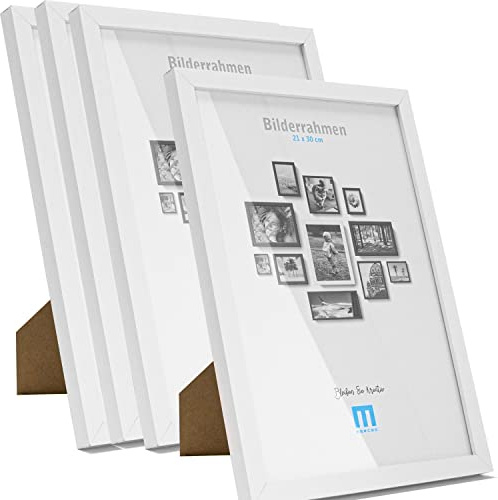 M MERCEO Bilderrahmen A4 21x30cm (4Stk) Weiß – Holz MDF Fotorahmen einzeln oder Set – Posterrahmen mit Acrylglas – für Fotos & Poster, Wandmontage oder Tischaufsteller, Hoch- & Querformat