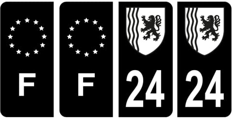 HADEXIA Nummernschild-Aufkleber, französisches Departement 24, Dordoge, Region NeuAquitain, Schwarz und F, Frankreich, 4 Stück