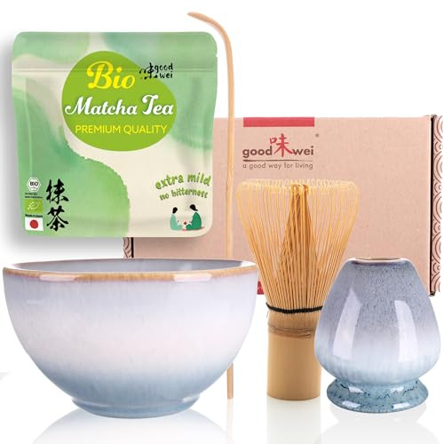 Goodwei ORGANIC Matcha från Japan i Matcha set med Matcha skål och Visphållare i matchande design, Matcha visp och Bambu sked | Teceremoni teset presentuppsättning (Moya, 80)