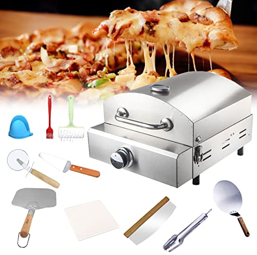 0℃ Outdoor Forno per Pizza a Legna da 12 Pollici, Forno per Pizza da Esterno a Pellet in Acciaio Inox, Alimentato a Gas, con Placca in Pietra e Fiamma Rotante, Termometro Integrato