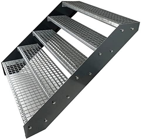 Kaminbau Mierzwa Premium Stahl Treppe Verzinkt & Anthrazit Pulverbeschichtet 5 Stufen (Breite 80 cm) (Höhe 95 cm) Wetterfest Gitterroststufe Gartentreppe