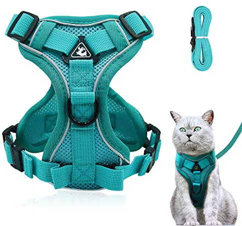 Justerbar kattsele som är säkert att gå sönder, kattsele med koppel, mjuk sele för katt, bröstsele för katter, kattungar, hundar, valpar (blå sjög-L)