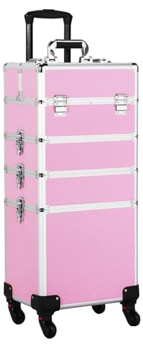 Yaheetech 4-in-1 Rolling Makeup Case with Adjustable Dividers, Pink | Aluminium Frame & Reinforced Corners, 4-in-1 Modular Design, Lockable Sections, Rolling Base for Mobile Organisation