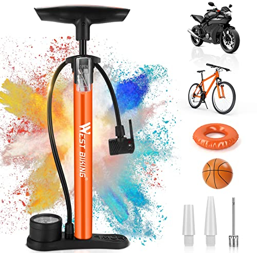 WESTGIRL Bike Pump with Pressure Gauge - 11 Bar / 160 Psi Floor Bicycle Both Presta & Schrader Valves - Portable Air Pumps Tyre for Road, Mountain, E-Bikes, MTB, Balls, Orange, universal