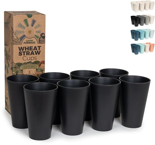 Grow Forward Premium Wheat Straw Cups - 20 oz Unbreakable BPA Free Hard Plastic Cups - Reusable Lightweight Plastic Drinking Glasses for Kitchen, Outdoor, Water, Camping, RV - Midnight