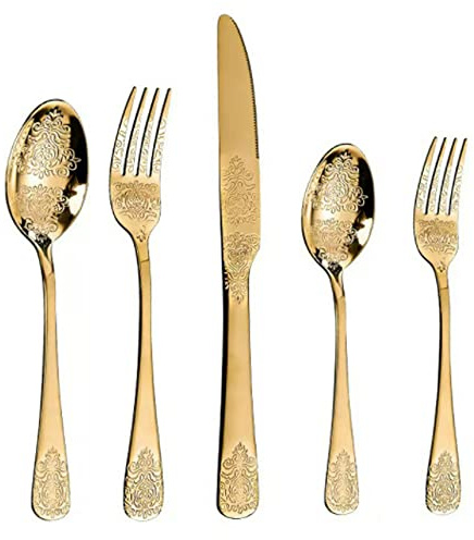 (20 Pieces) Stainless Steel Silverware Kitchen Cutlery Set Utensils Tableware Flatware Sets for 5, Steak Knife Fork Spoons Teaspoons,Creative Retro Palace Style (Gold)