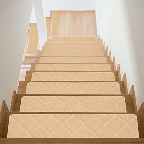 sourcing map 15Pack rutschfeste Stufenmatten Treppenstufen 8x30 Rutschfester Innenläufer Teppich Matte für Innen Holzen Treppen Beige