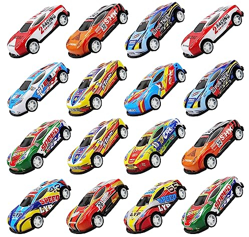 Hyakoz 16 Stück Stunt Spielzeugauto Metall Kleine Spielzeugautos Mini Auto Set Rennauto Aufziehautos mit Rückzug Spielzeug Autos Mit 1 Aufbewahrungsbox für Kleinkinder Mädchen Jungen Spielzeug
