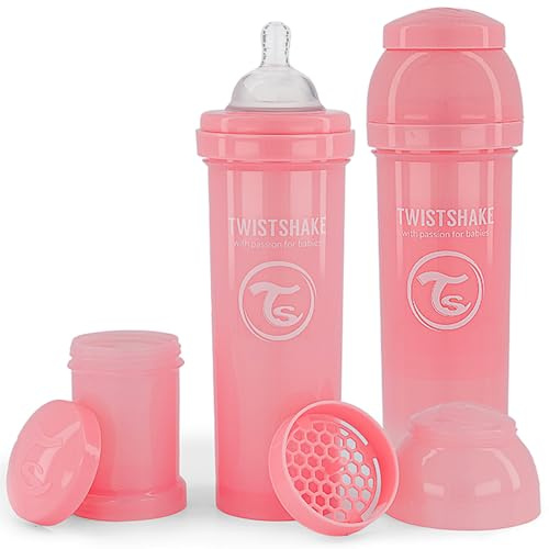 Twistshake 2-pack Anti-kolik Nappflaskor med Pulverbehållare och Mixernät - 330ml | Dinapp i silikon med långsamt flöde | BPA-fri Nappflaska | 4+ månader | Rosa
