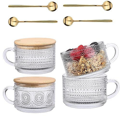 Juego de 4 tazas de café de vidrio vintage, tazas de té de vidrio transparente en relieve con tapas y cucharas de bambú, bonitos accesorios de cafetería, para capuchino, latte, avena nocturna,
