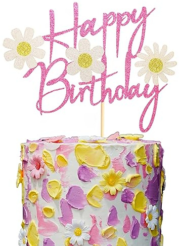 Arthsdite Daisy Flower Happy Birthday Cake Topper, Pink Dasiy Flowers Cake Decor, Summer Chrysanthemum Daisy Birthday Party Supplies, White Daisy Flower Themed Party Decorations