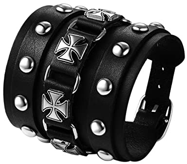 Flongo Bracelet Manchette Cuir Homme,Bracelet de Force Style Gothique Punk Rock,Bracelet Tête de Mort Homme avec Rivet et Bouton,Bracelet Motard Biker Large,Cadeau pour Homme