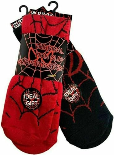 ITRAT Boys Children Spider Web Warm Thermal Grip Bed Socks (black/red 9-12)