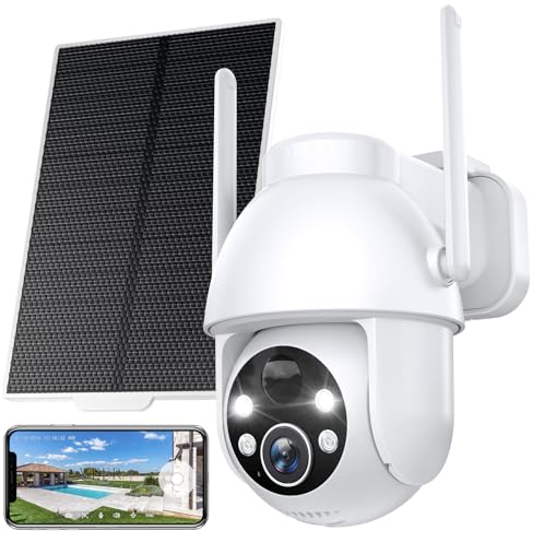 YESYAMO 2K Cámara Vigilancia WiFi Exterior Solar con Batería, Panel Solar, 2.4GHz Wi-Fi Cámara Exterior Solar IP66, 360° PTZ, Visión Nocturna Color, Audio Bidireccional, PIR Sirena, Blanca