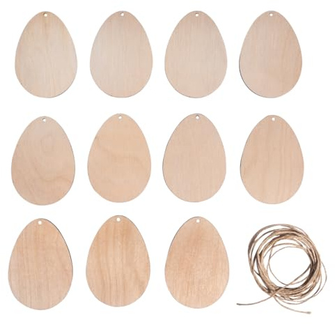 Rayher Holz-Eier, 12 Stück, natur, 5,6 x 8 cm, mit Kordel, Ostereier, Osterdekoration, Holz FSC zertifiziert, 46739505