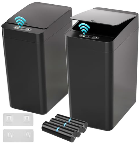 kaylowe Bathroom Automatic Trash Can 2.6 Gallon Touchless Small Trash Cans 2Pack Slim Motion Sensor Smart Garbage Bin for Bedroom, Bathroom, Office, Kitchen, Living Room, Black