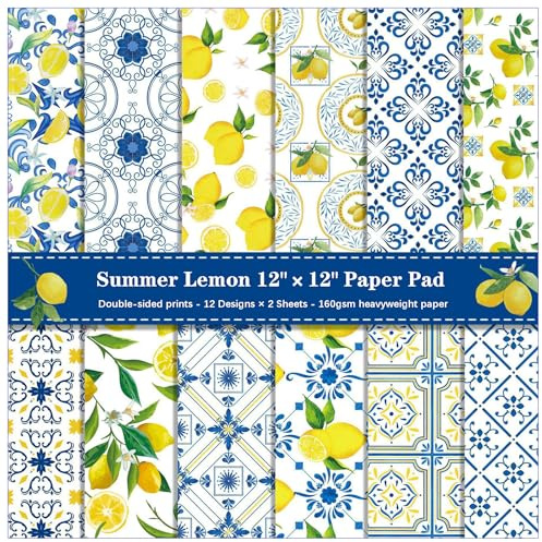 ZAKHSE Motivpapier 30x30cm, 24 Blatt Doppelseitig Zitrone Obst Druck Designpapier Bastelpapier Bunt, 12 Designs, Scrapbook Papier Dekopapier für DIY Origami Kartenherstellung Sammelalbum-Gelb/Blau