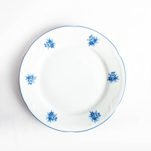 FranquiHOgar - SET 6 Platos Llanos de Porcelana Premium - Diseño Elegante con Flores Azules - Apto para Microondas y Lavavajillas - Blanco y Azul, Porcelana