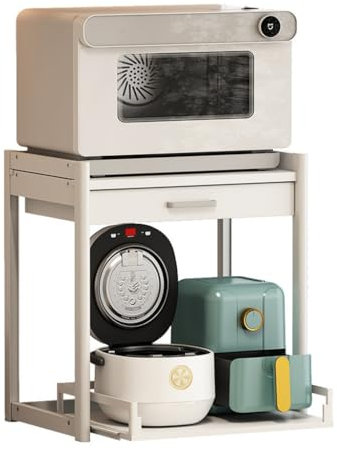 Support d'étagère à micro-ondes avec tiroir, étagère de support de four à micro-ondes à 2 couches, conception coulissante, support de four à micro-ondes autoportant, support blanc de comptoir, po