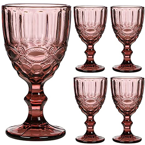 Dibor Wine Glasses Set of 4 Embossed Vintage Style Baroque Wine Goblet Glassware Set Dishwasher Safe Wine Glass Set Alfresco Dining Glassware (Pink)