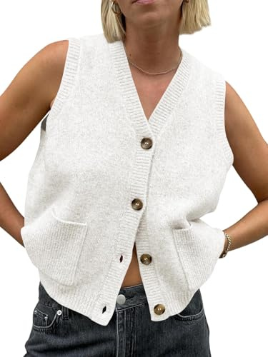 Saodimallsu Pull sans manches pour femme, coupe ample, gilet tricoté à boutons et col en V, cardigan tendance décontracté avec poches, blanc, taille XL