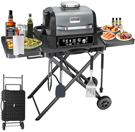 Portable Grill Cart for Ninja Woodfire OG700 OG800 OG900, Blackstone Griddle, for Weber Q100 Q200 Q300, Pizza Oven, Collapsible Grill Stand for Most Portable Grills, Large Surface Grill Trolley