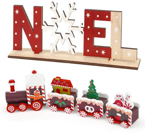 MorLuks 2PCS Décoration Noël, Petits Train de Noel en Bois avec Forme Arbre de Noël, Ornements Lettres en Bois avec Flocon de Neige, Créatif Cadeau Déco pour Table Noel Fête Nouvel an Maison Jardin