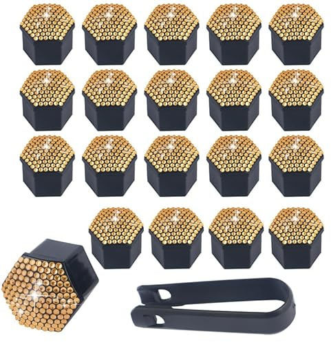 SYSUII 21mm Auto Radschraubenkappen, 20 Stück Radmutternkappen Mit Entfernung Werkzeug Sechskant-Reifen Bling Diamant Muttern-abdeckungen Radbolzen Kappen Rad Mutter Cap Radbolzen Schutz Cover-Gold